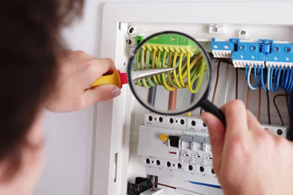 Ein Elektriker prüft die Kabel mit einer Lupe im Sicherungskasten.