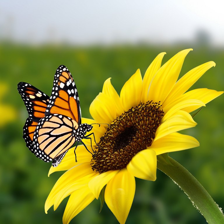 Monarchfalter auf Blume. Bild eines Schmetterlings Monarch auf Sonnenblume mit unscharfem Hintergrund. Natur stockbild eines Nahaufnahmeinsekts. Schönste Darstellung eines Flügelschmetterlings auf Blumen.