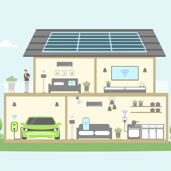Environmental care and use clean green energy from renewable sources, Modern eco house low carbon concept, Smart home control with Electric car charging system, Wind power and Solar energy technology.